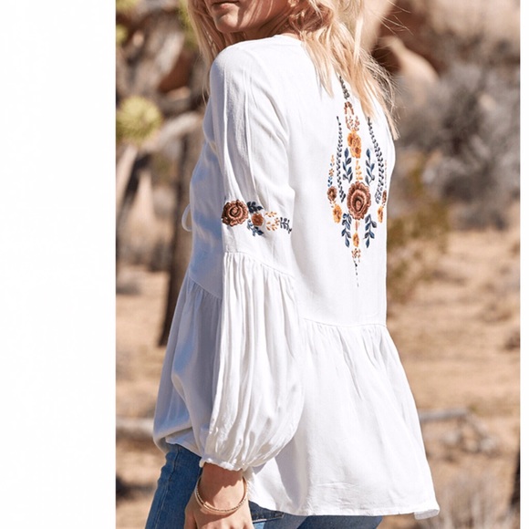 White Boho Embroidered Tie Front Blouse - Picture 5 of 8